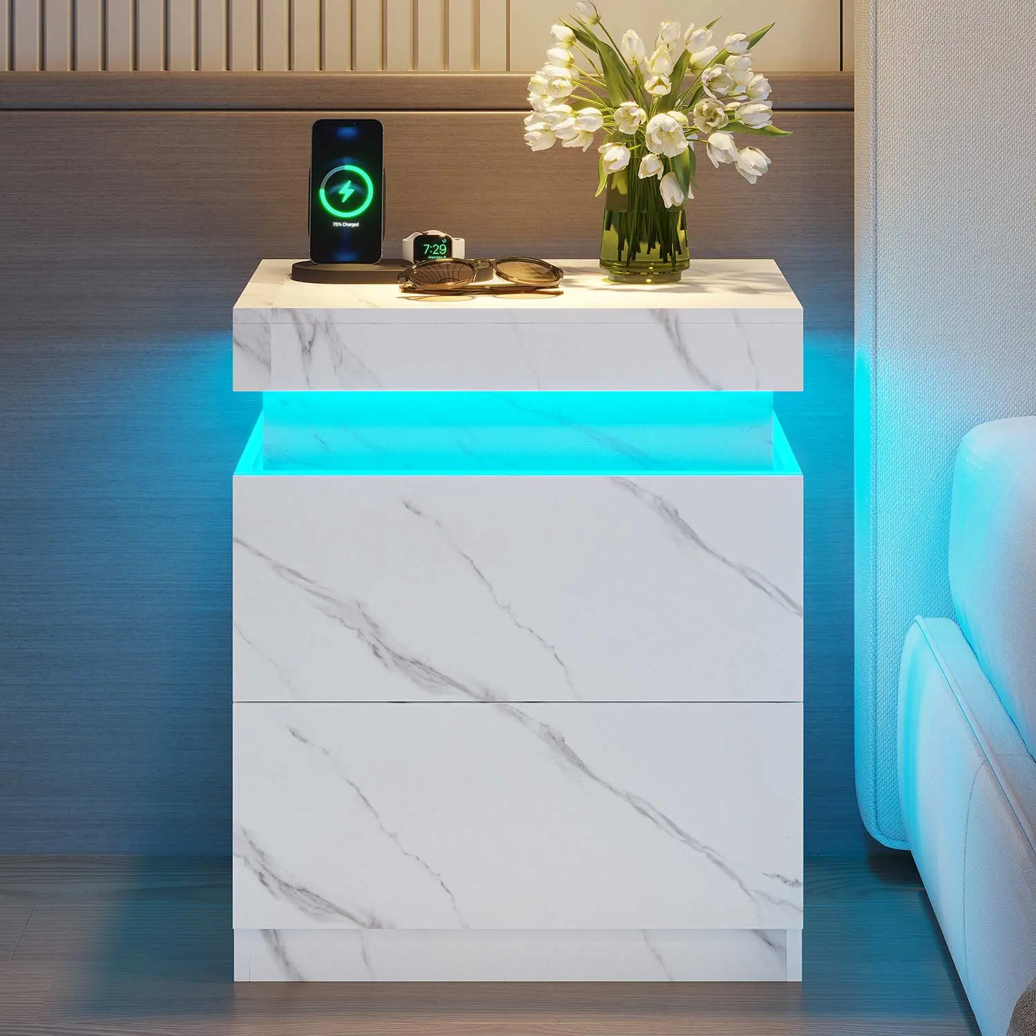 SIKAIC White Marble Nightstand - 2 Drawers, Sliding Top, Hidden Storage, Hidden Drawer Bedroom Furniture, Indoor Bedroom Bedside Desk