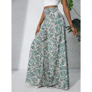 Women'S Bohemian Floral Print Chiffon Wide-Leg Pants - High Waist, Elastic Waistband, Long Beach Trousers for Summer Vacation, Casual Elegant Style