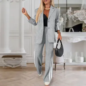 2026 ChicMe Women's Striped Side Sporty Tape Notched Collar Front Button Blazer Wide-Leg Pants with Pockets Pants Set