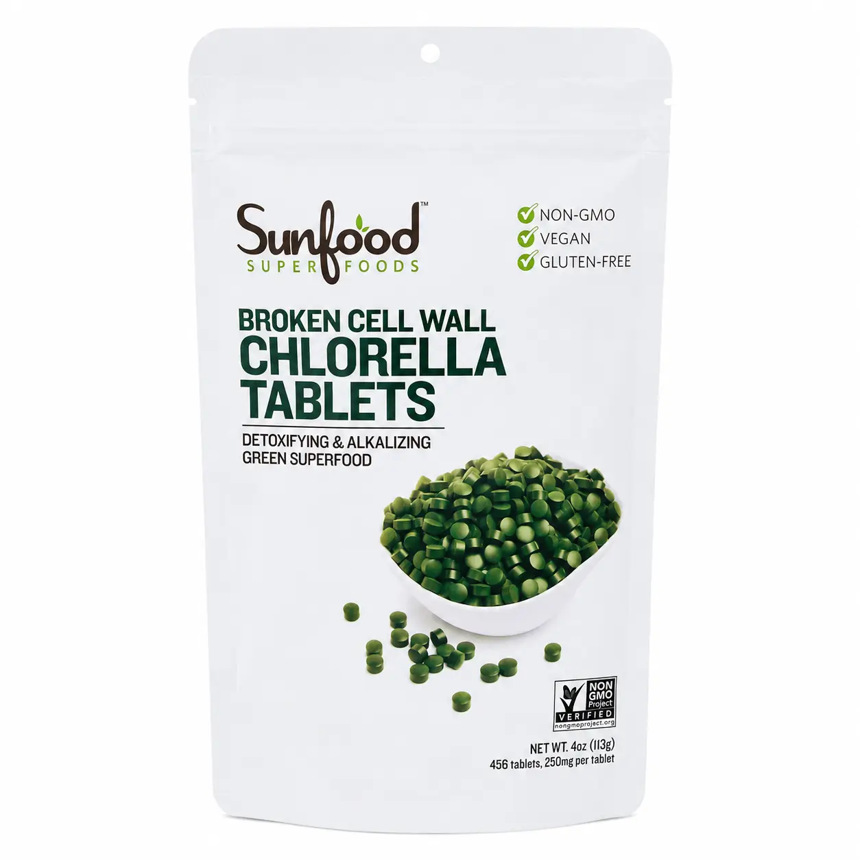 Sunfood Superfoods Chlorella Tablets - Broken Cell Wall Algae, Chlorophyll Vitamins, Non-GMO, Vegan, Detox Support Dietary Supplement, 4 oz Bag with Algae Powder