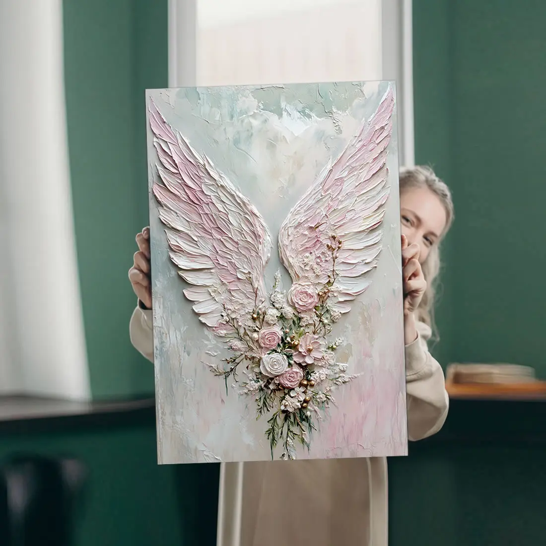 USA-Made Angel Wings Wood Framed Canvas Wall Art - Pastel Flower Modern Abstract Oil Painting, Eco-Ink, Waterproof, Durable, Ready-to-Hang Home Decor for Bedroom, Bathroom