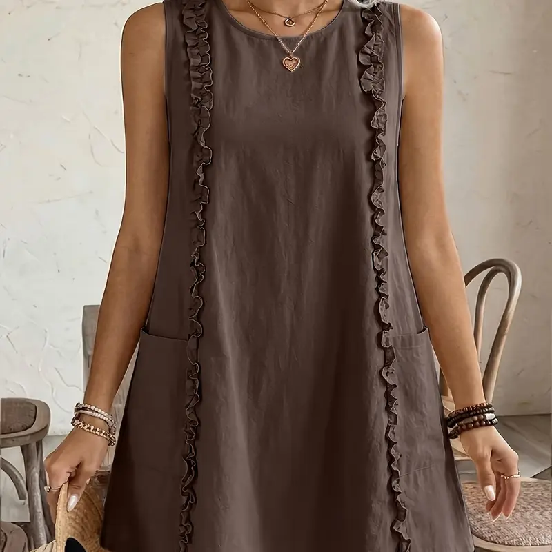 Plus Size Ruffled Sleeveless Mini Dress Casual Round Neck Loose Fit Dress with Pockets, Y2K Clothes Summer Daily Wear, Boho Fashion Dress, Trendy Bohemian Dresses, Boho Style, Casual Cami Dress, Boho Summer Holiday