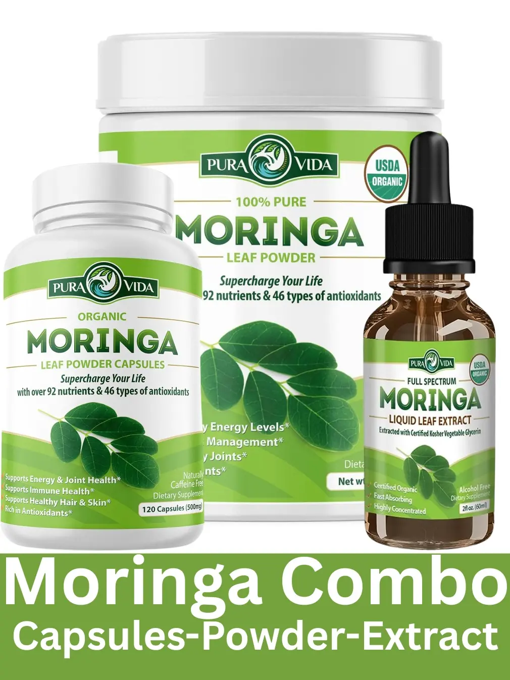Pura Vida Moringa Powder Combo - Moringa Capsules, Moringa Powder & Moringa Extract