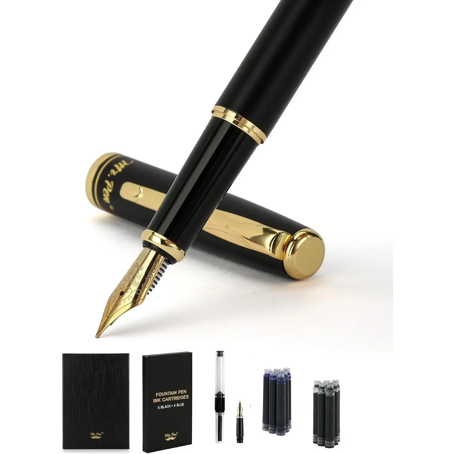 Mr. Pen Classic Fountain Pen & Refill Set, Office Writing Tool with 6 Black and 6 Blue Ink Cartridges
