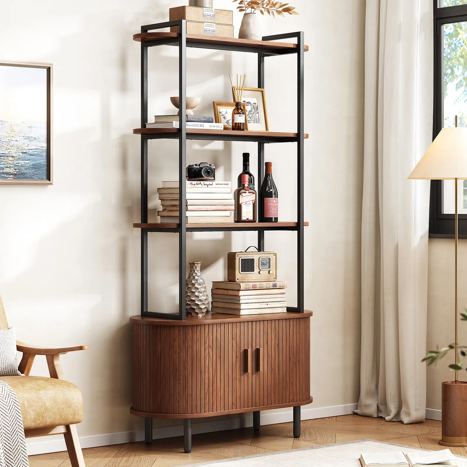 【SummerFinds】ONBRILL 71" Tall 4-Tier Mid-Century Contemporary Wood Bookshelf - Curved Shelves, Storage Cabinet, Sliding Door, Adjustable Footpads - Freestanding Living Room Apartment Furniture, Books Organizer, Shelves for Bedroom