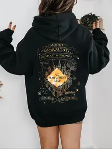 Women's Casual Hooded Drawstring Pocket Sweatshirt, Magic Castle Print Street Fashion, Geometric Pattern, Fitted Style, All Seasons, Womenswear