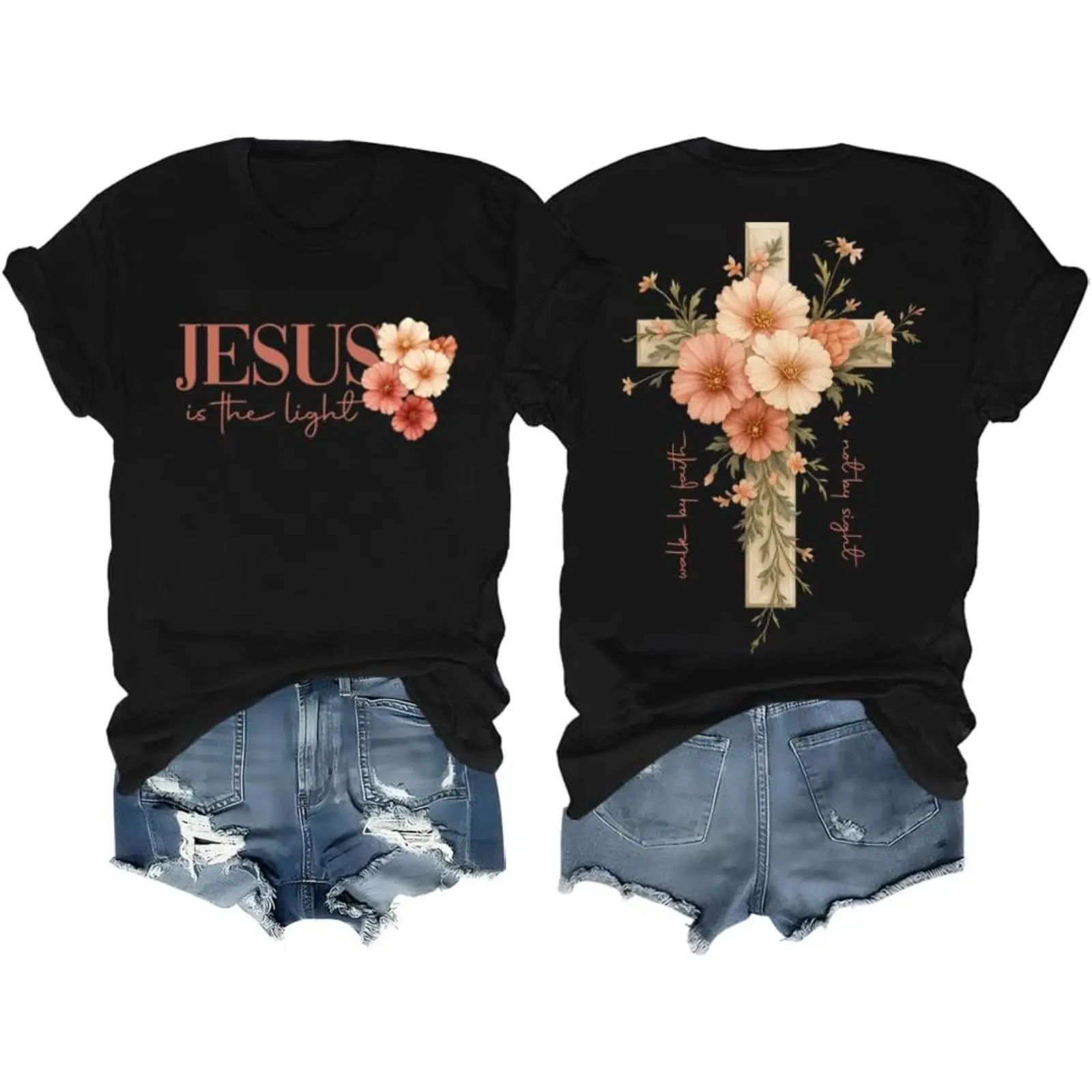 Men's Christian Faith Cross T-Shirt - Fitted Round Neck Graphic Top with Beautiful Floral Cross Print, Western Style