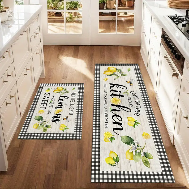 2Pcs summer lemon floor mat set with black and white checkered background anti fatigue kitchen carpet anti slip washable Kitchen Mat Sets kitchen laundry room decoration Kitchen Rugs