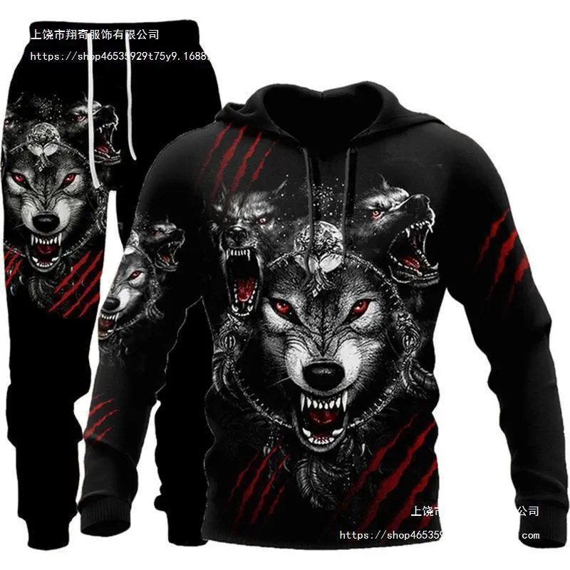 Women's 3D Wolf Animal Print Hooded Pullover Sweatshirt Suit - European & American Style, S, 2XL, 3XL, 4XL, 5XL, 1 Set