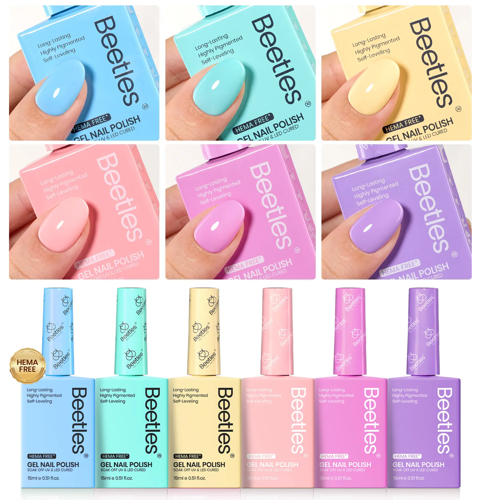 beetles Gel Polish Unicorn Collection, 6 Pastel Colors Kit, HEMA-Free Soak Off Formula, Long Lasting High Quality Polish for Nail Care & Selfcare, Daily