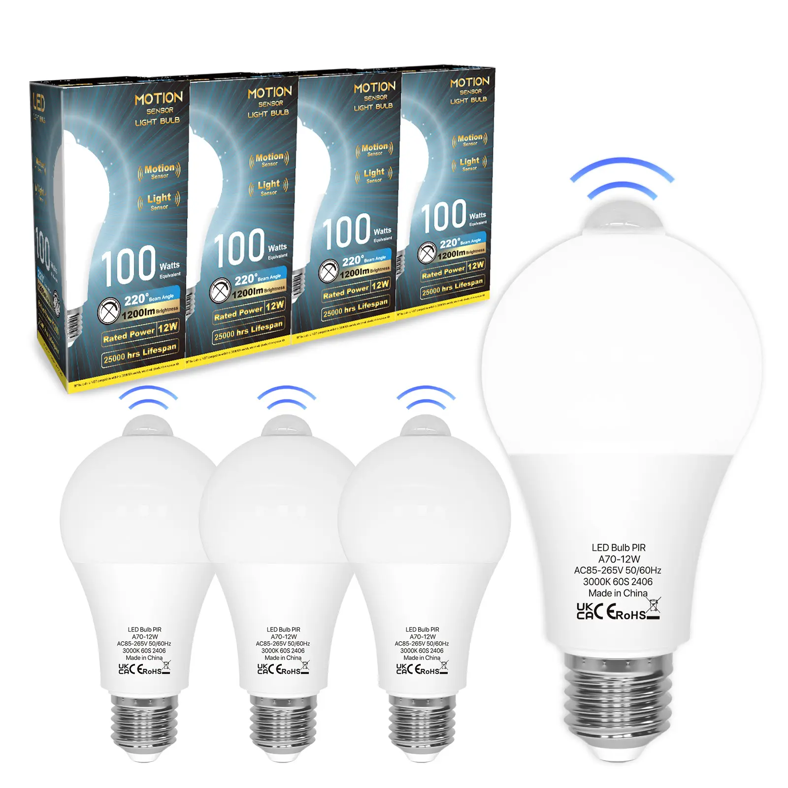 PIR Motion Sensor A19 E26 LED Security Light Bulbs - 12W Dusk to Dawn Energy Saver, Automatic On/Off, Outdoor Indoor for Closets, Front Doors, 2/4 Pack, Garage, Home Security