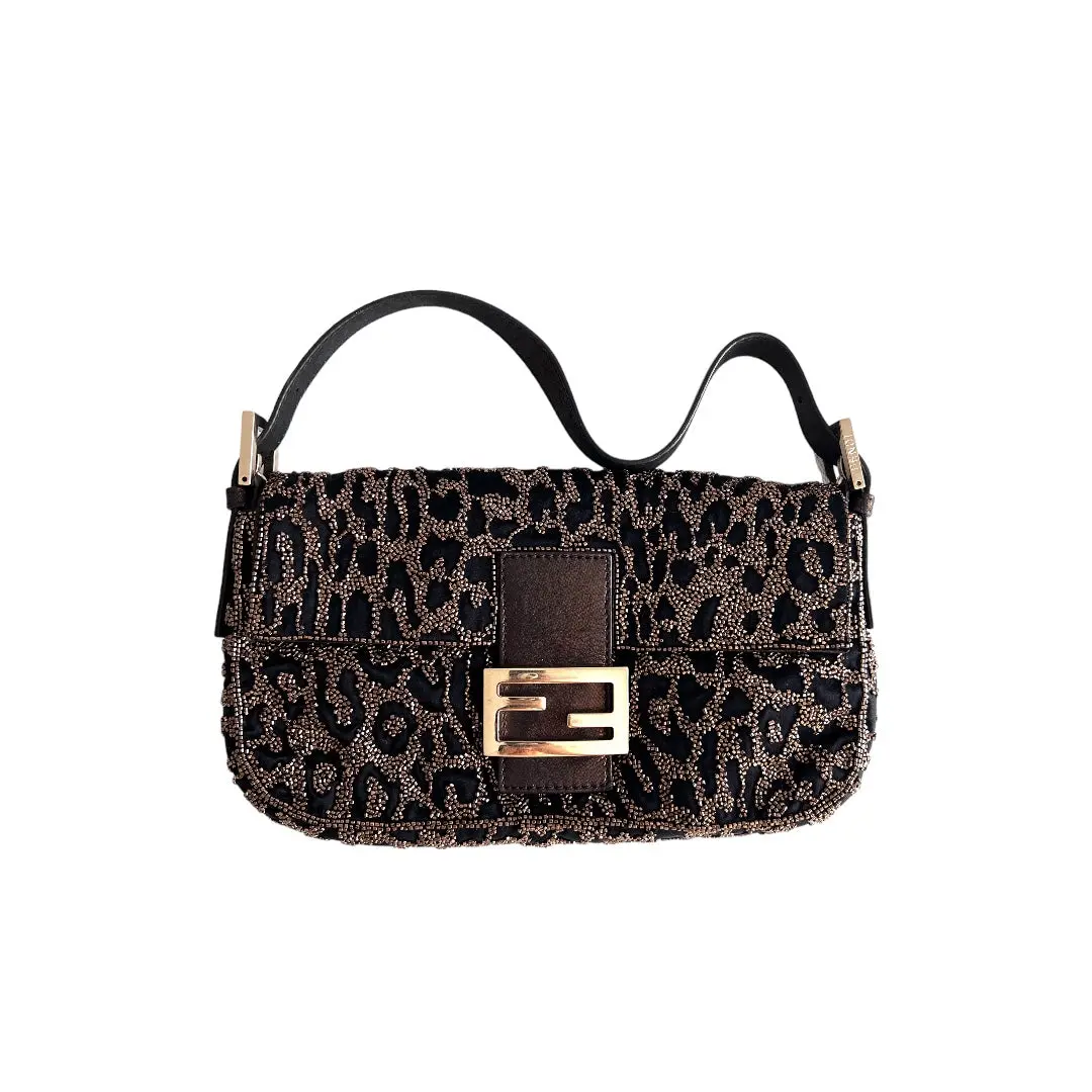 Pre-owned FENDI leather Shoulder Bags cheetah pattern golden beaded Baguette