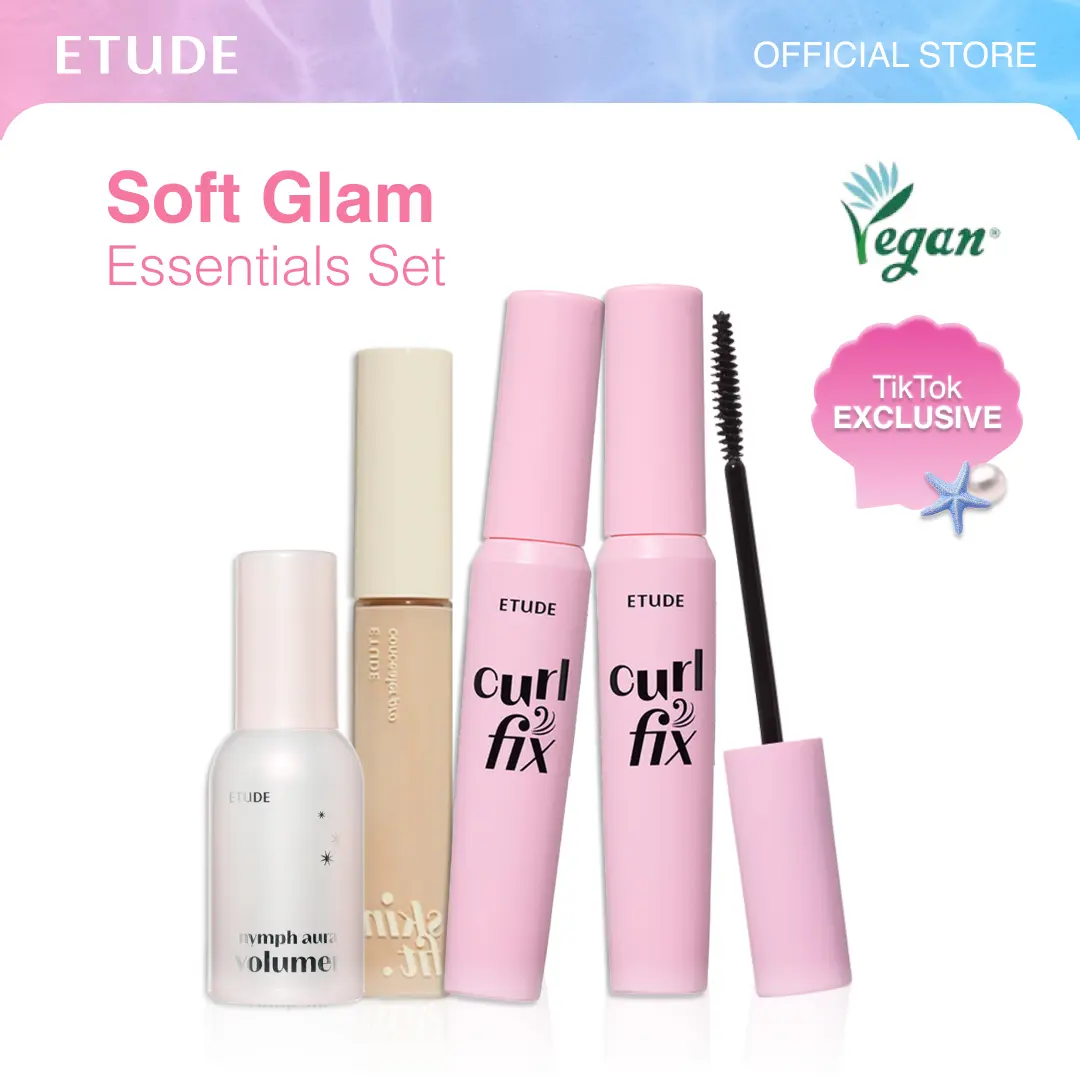 [ETUDE Official] Soft Glam Essentials Set | Kpop Idol Make up | Curl Fix Mascara BOGO(#01 BLACK or #04 Volume) + Nymph Aura Volumer + Big Cover Skin Fit Concealer Pro Set | Waterproof Mascara | Clean Girl Makeup set | Hell Mascara