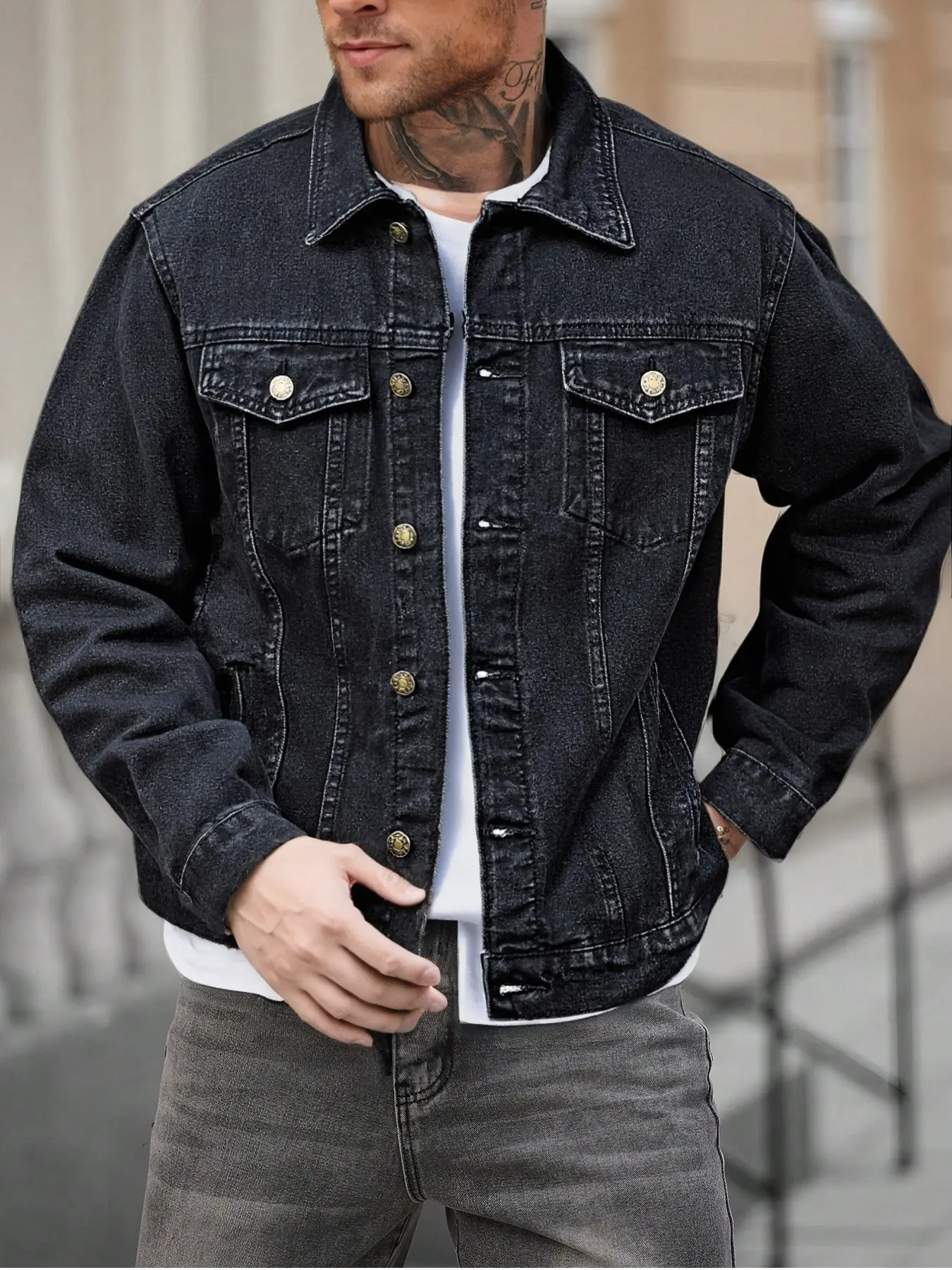 Men's Fashion Casual Lapel Single Button Long Sleeve Menswear Denim Jacket, Trendy American Street Style Outerwear, Perfect Gift for Boyfriend