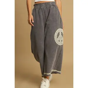 Umgee Full Size Peace Lace Applique Mineral Wash Wide Leg Pants Plus Size