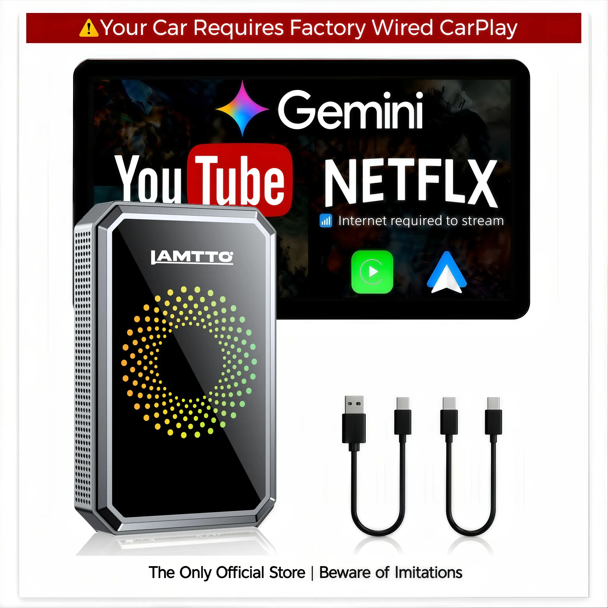 【️️CHECK COMPATIBILITY】LAMTTO 2026 Wired CarPlay to Wireless Adapter - Stream Netflix/YouTube/TikTok & Gemini AI on the Touchscreen : Hotspot Required, ONLY for Wired CarPlay/AA Vehicles - NOT for Wireless CarPlay | Summer Essential Car Accessories