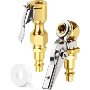 2-Pack Heavy Duty/Ball Clip Air Chuck Set, 1/4" FNPT Closed Flow Tire Chuck Inflator Nozzle, Compatible with Schrader Valves, Quick Connect Plug, Pure Brass.