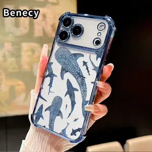 Whale Shark Wonders Pattern Four Corner Anti-Fall Phone Case Transparent Electroplated Protective Cover for iPhone 17 16 Pro Max 15 Plus 14 13 12 11 Air E