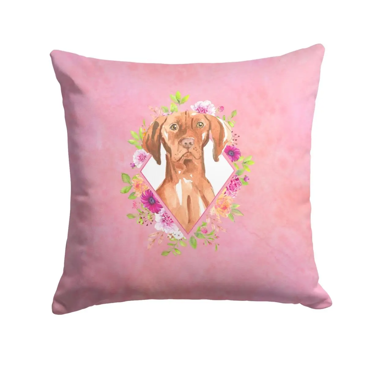 Single Vizsla-Themed Polyester Heavyweight Fade-Resistant Indoor/Outdoor Decorative Pillow, 14x3x14 in, Pink Flowers Design