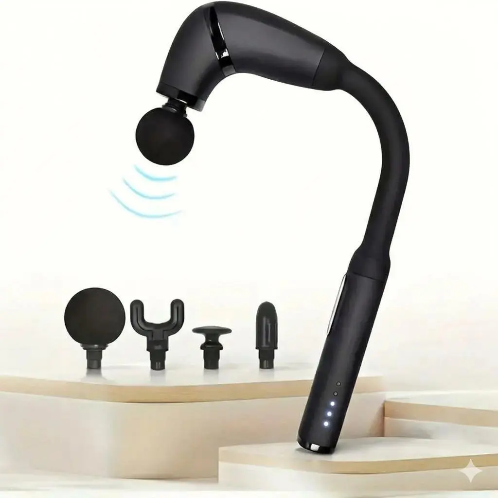 Ergonomic Deep Tissue Massage Gun - Portable Percussion Back & Vibratory Massager with Extended Handle, 5 Speeds, 4 Heads, Low Back Pain Relief Wellness Tool for Youth