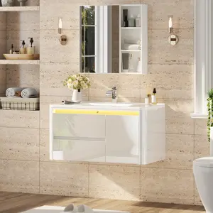 36" Floating Bathroom Vanity Set with Sink & Mirror, LED Light Wall Mounted Bathroom Cabinet with Storage Drawers