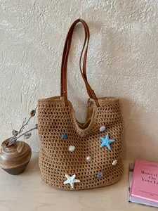 1pc Ladies' hollowed out crochet tote bag, starfish shell pearl decoration casual shoulder bag, PU wide shoulder strap summer beach style holiday theme daily storage bag