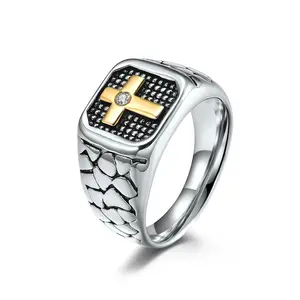 Vintage Crack Synthetic Zircon Cross Pattern Stainless Steel Men's Ring, Fashionable Match, Gift Jewelry for Men