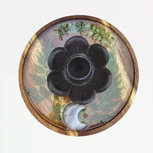 Floral Resin Crystal Altar Tray with Green Aventurine Moon Design