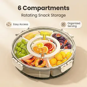 Six grid rotating snack tray with lid and handle - Multi layer snack and fruit packaging box, durable PP material - Practical dining box, lunch box, bento box for camping/picnic/party, suitable for refrigerator - Reusable snack container