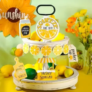 Lemon Themed Wooden Tiered Tray Decoration without Tray, 10pcs/set Lemon Themed Desktop Decoration, Modern Farmhouse Style Decoration for Home Kitchen, Ornaments