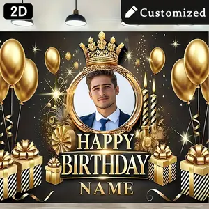 2D Shiny Luxury Black Golden Theme Personalized Birthday Poster with Crown Balloons Gift Box Design Party Banner Decoration Supplies Vinyl Material Inkjet Printing Photography Props