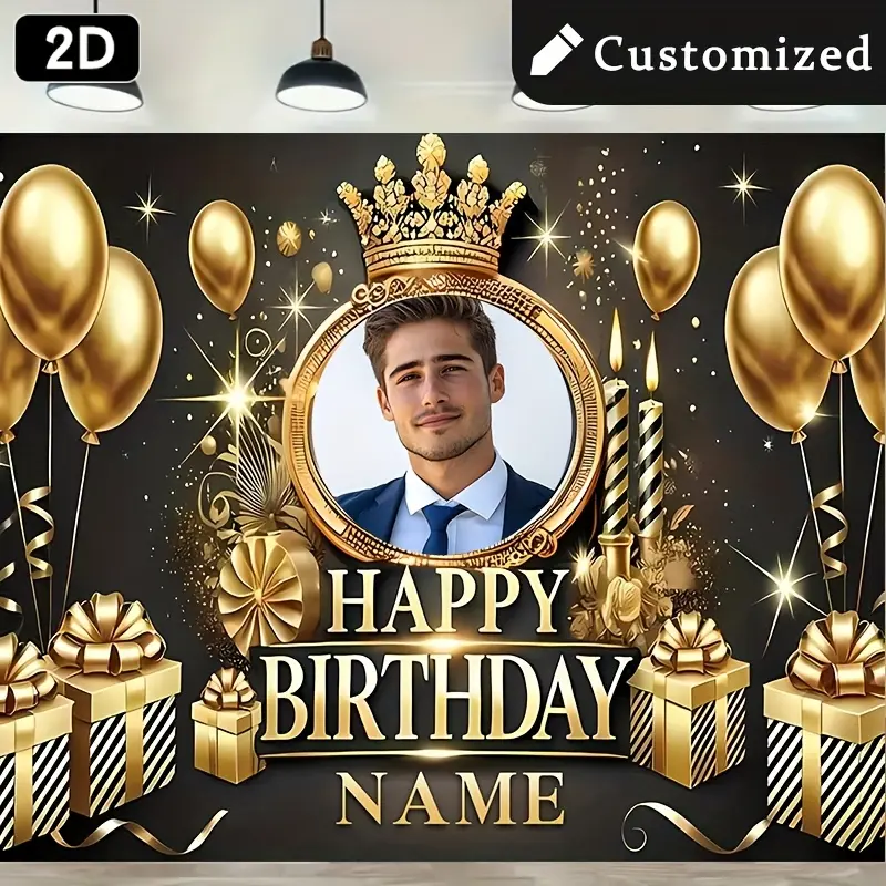 Personalized Luxury Theme Happy Birthday 2D Black-Golden Shiny Finish Poster, 1-Piece Polyester Party Decor Banner Supplies with Crown, Balloons, Gift Box Prints, Vinyl Inkjet Printing Photography Prop for Indoors/Outdoors