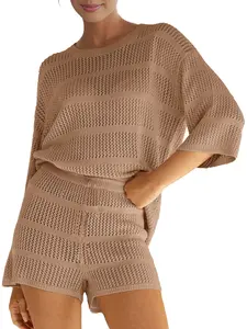 SuperPrity Women Swimsuit Coverup Set 2 Piece Crochet Hollow Out Knit 3/4 Sleeve Tops and Shorts Set Summer Beach Outfits