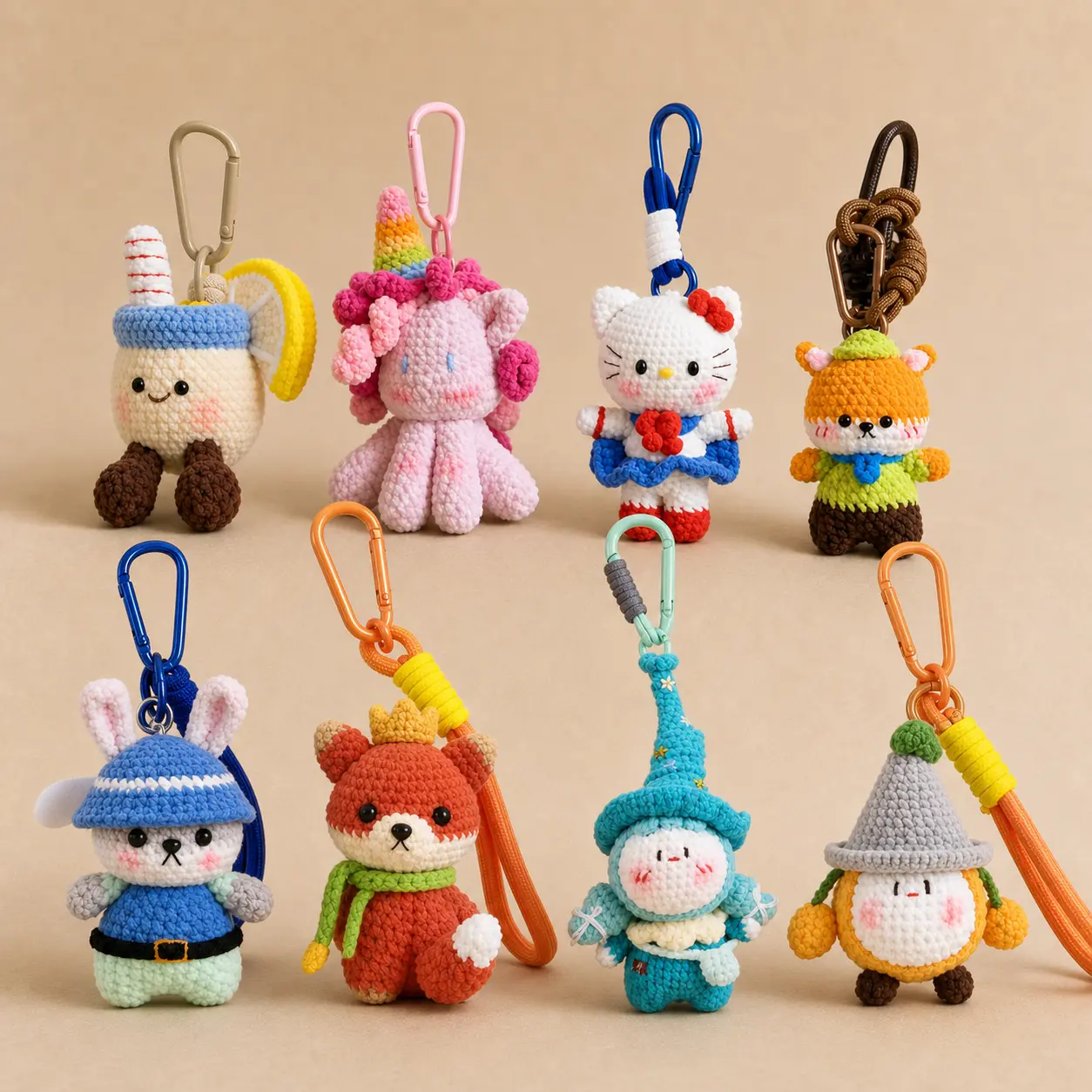 Huggli Handmade Crocheted Fruit Character Keychain - Unisex Amigurumi Bag Charm with Carabiner Clip, Wrist Strap, Lanyard for Keys, Colorful Stuffed Toy Gift Ideas