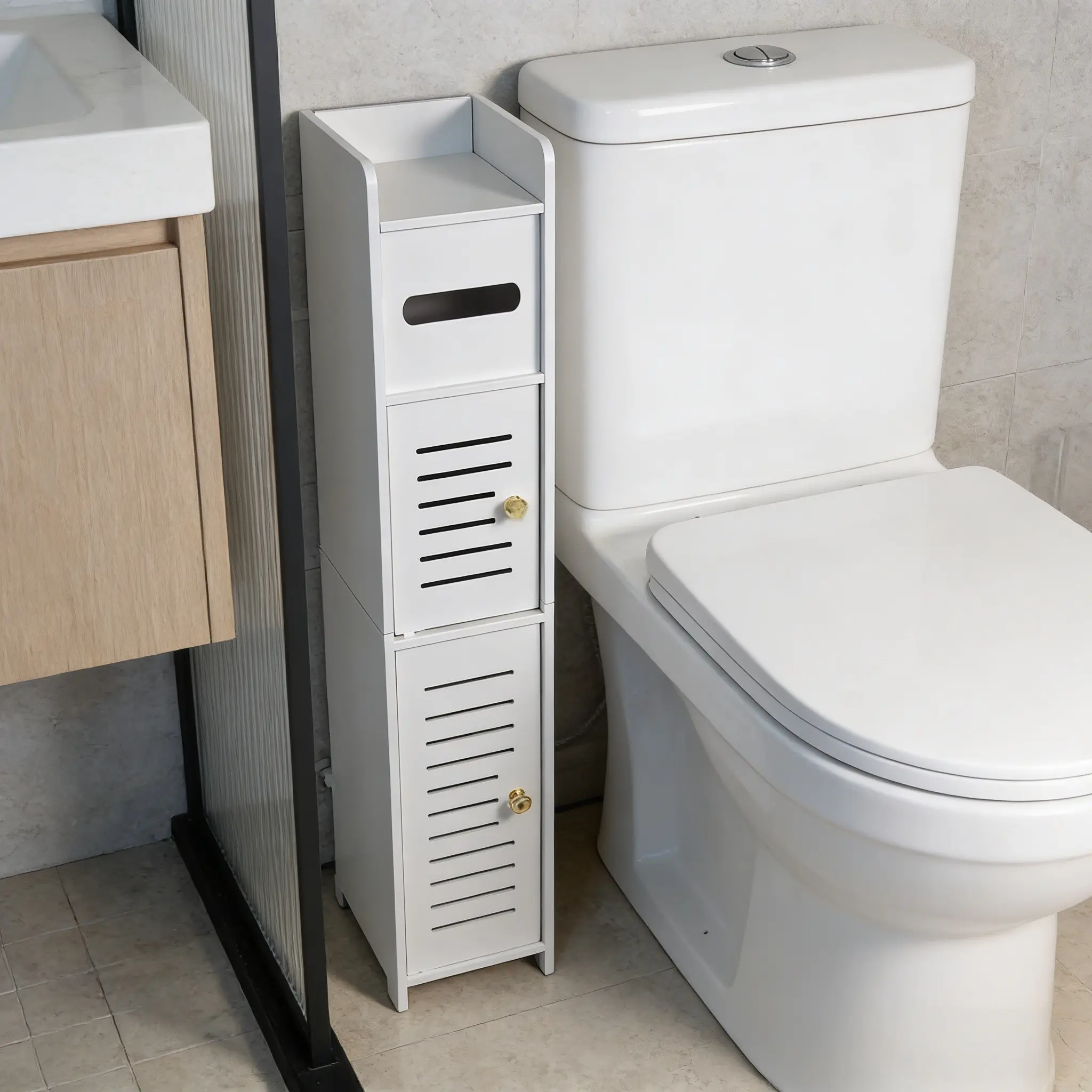Narrow Floor-Standing Bathroom Storage Organizer Cabinet, Integrated Door Design, Top Paper Towel Holder, Multi-Layer Cosmetics Shelf, Small Space Home Use