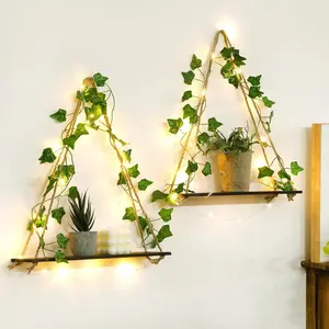 2 Pack Artificial Ivy Wall Hanging Shelves Boho Floating Shelves Wall Decor, Adjustable Rustic  Shelf with LED Light Storage Rack Macrame  Shleves Holder for Bedroom