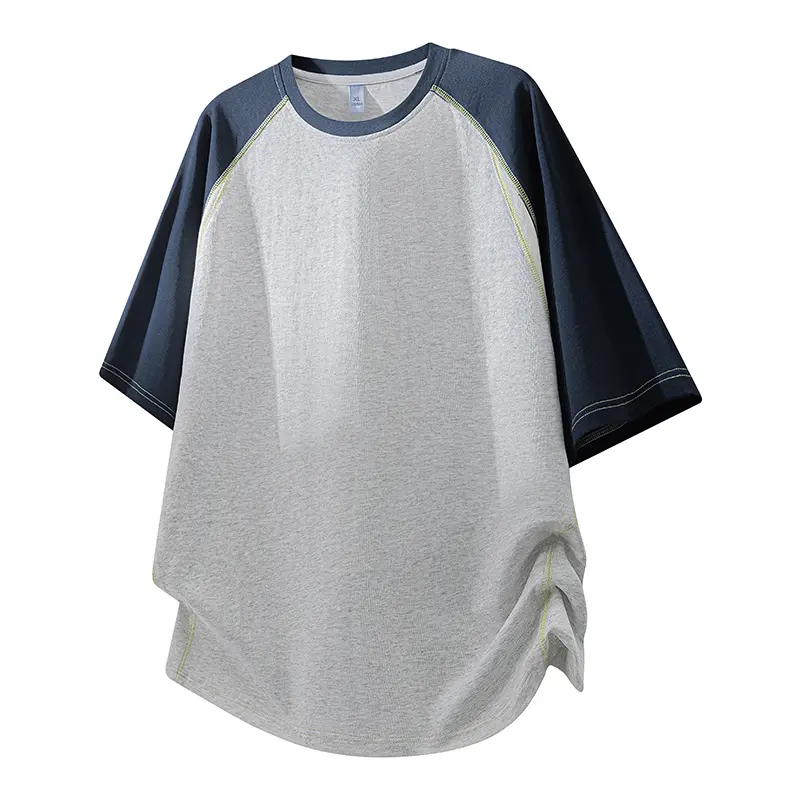 Men's Heavyweight Loose-Fit Crew Neck Raglan Short Sleeve Colorblock Polyester T-Shirt - Contrast Sleeves, Bright Stitch Seams, Medium-Length Curved Hem, Machine-Washable Menswear Top for Campus Daily & Summer Casual Streetwear