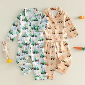 Kupretty Kids Baby Boys 2PCS Easter Pajama Sets Long Sleeve Carrot Truck Print Tops Shirt Pants Satin Sleepwear 1-7 Years