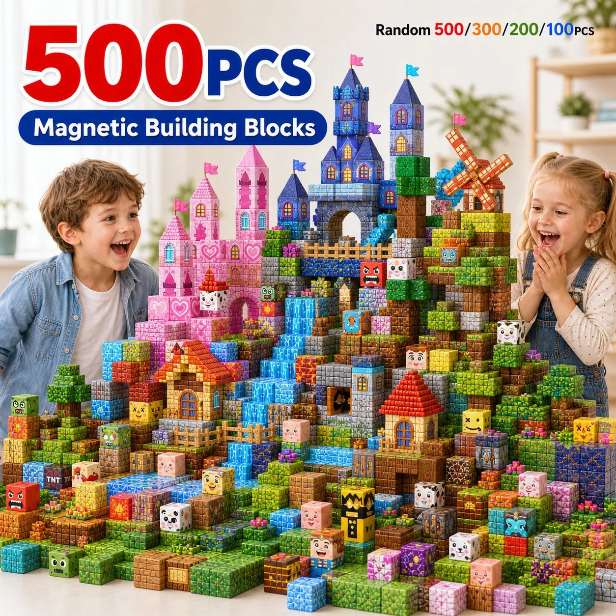 Magnetic Building Blocks Set, 100–500 Pieces Random Styles, STEM Montessori Sensory Blocks, 3D Construction Stacking Toy for Ages 3+, Gift for Boys & Girls
