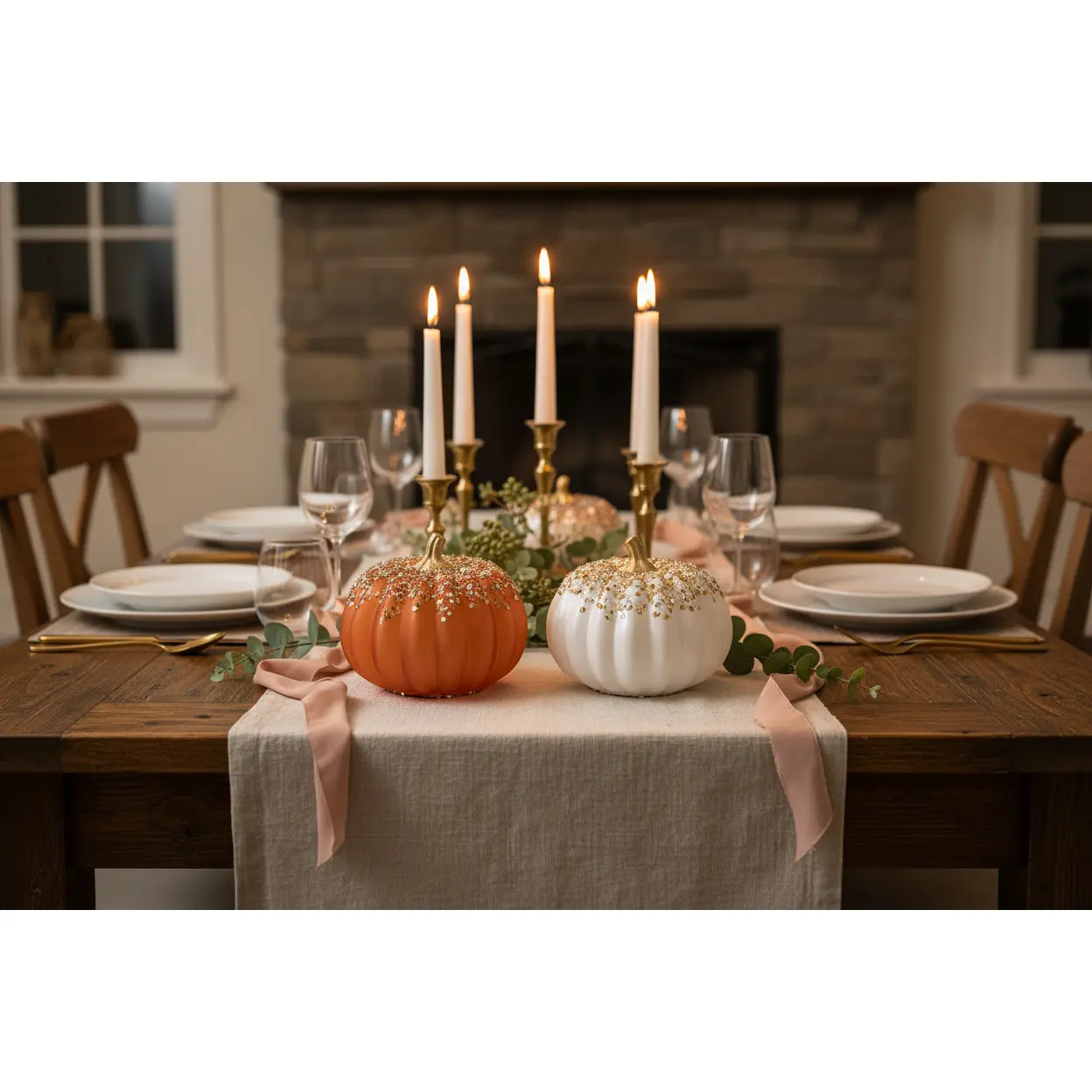 Artisanal Handblown Glass Harvest Pumpkin - Magical Light-Up Home Decor with Jewel Accents, Sequin Details for Display, Candles