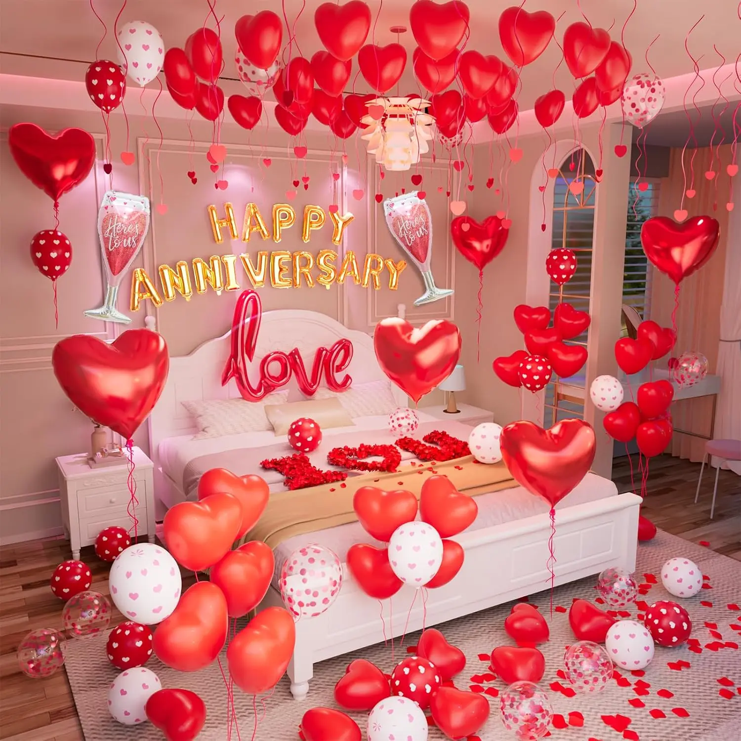 Red Festive Balloons Party Decoration Kit - Includes Heart-Shaped Balloons, Happy Anniversary Banner - for Valentine's Day Decor, Colorful Banner Balloons