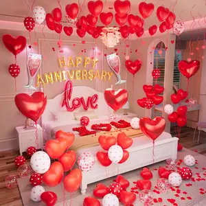 Red Valentines Day Balloons Kit with Happy Anniversary Banner Heart Balloon for Sweetest Day Decorations Anniversary Decorations Valentines Day Decorations