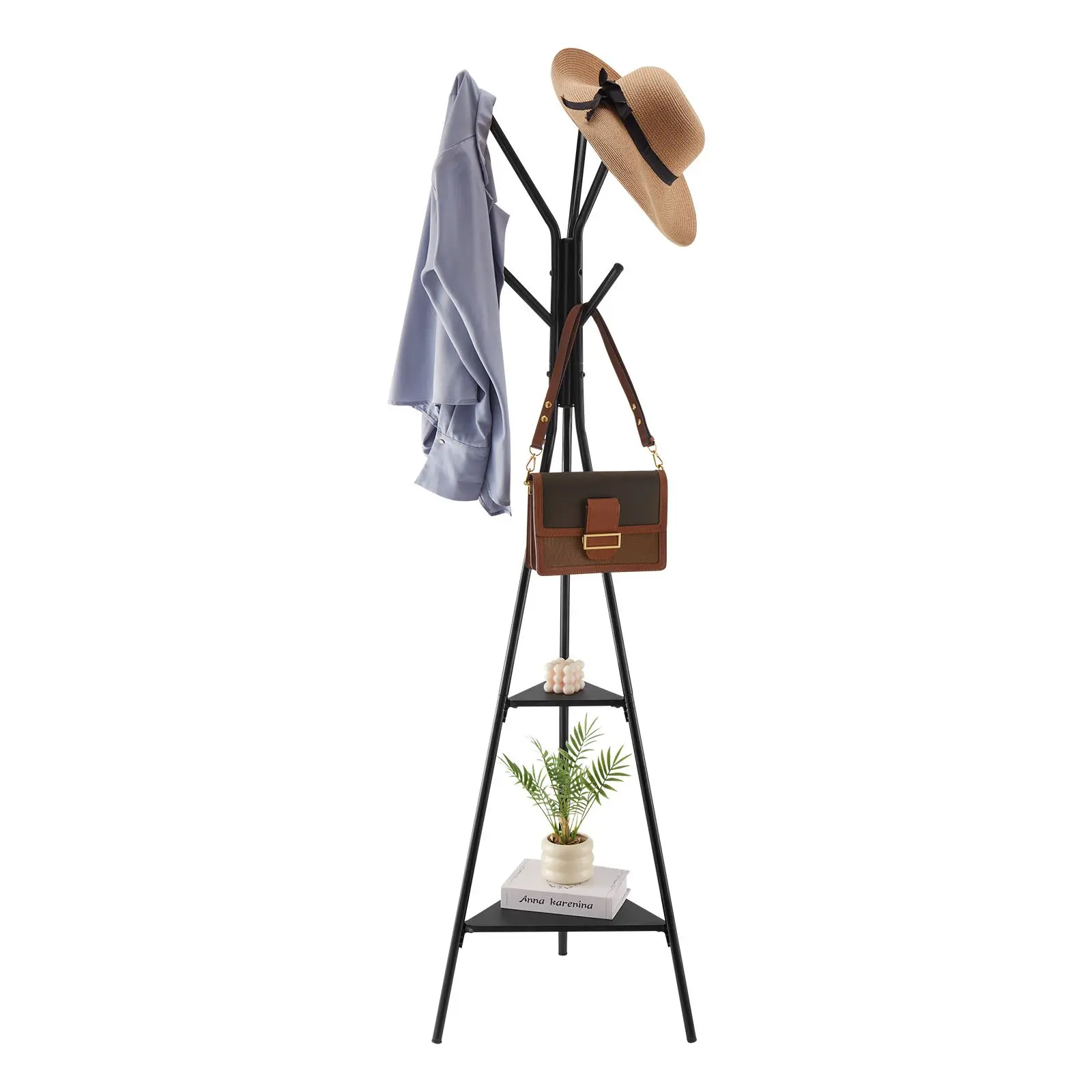 VEVOR Coat Rack, Freestanding Coats Rack Stand with 2 Shelves 6 Hooks, Free Standing Hall Coat Tree for Entryway, Bedroom, Living Room, Modern Clothes Hanger Stand for Coats, Hats, Scarves, Handbags