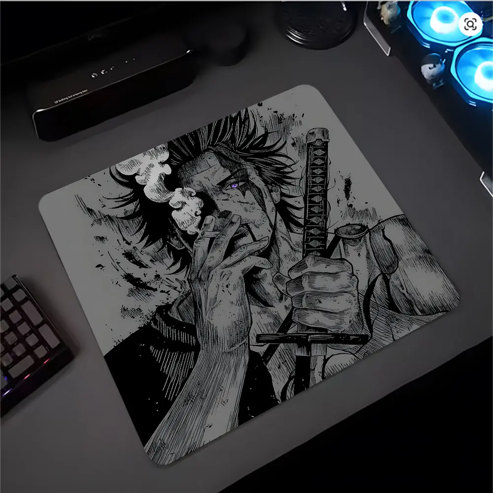 Dark Black Samurai Smoking Manga Large Gaming Glass Mouse Pad, Hard Mousepad, Reinforced Glass, Aesthetic Waterproof Washable Smooth Hard Desk Mat, Smooth touch for gamers, Ideal Gift for Family