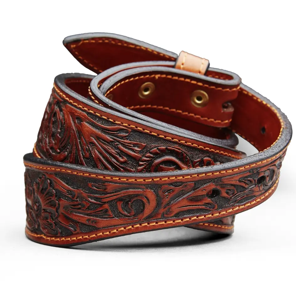 Chama Western Belt - Hand Tooled Oak Leaves Design, 1.5" Wide Full Grain Saddle Leather, Brass Nickel Clasps, Fully Lined