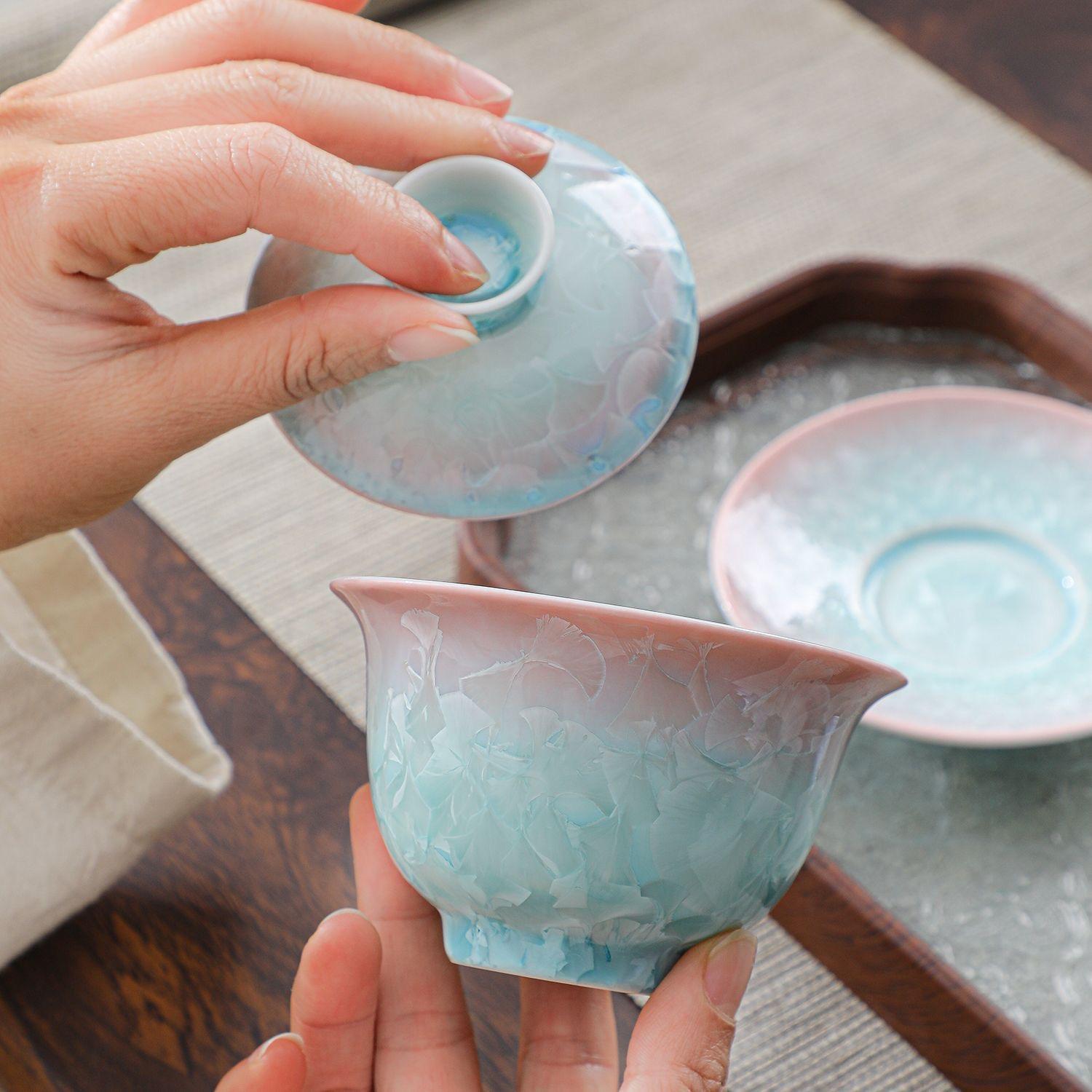 T12. Jingdezhen handmade gradient gaiwan large kiln-fired crystal tea bowl Kung fu tea set for home