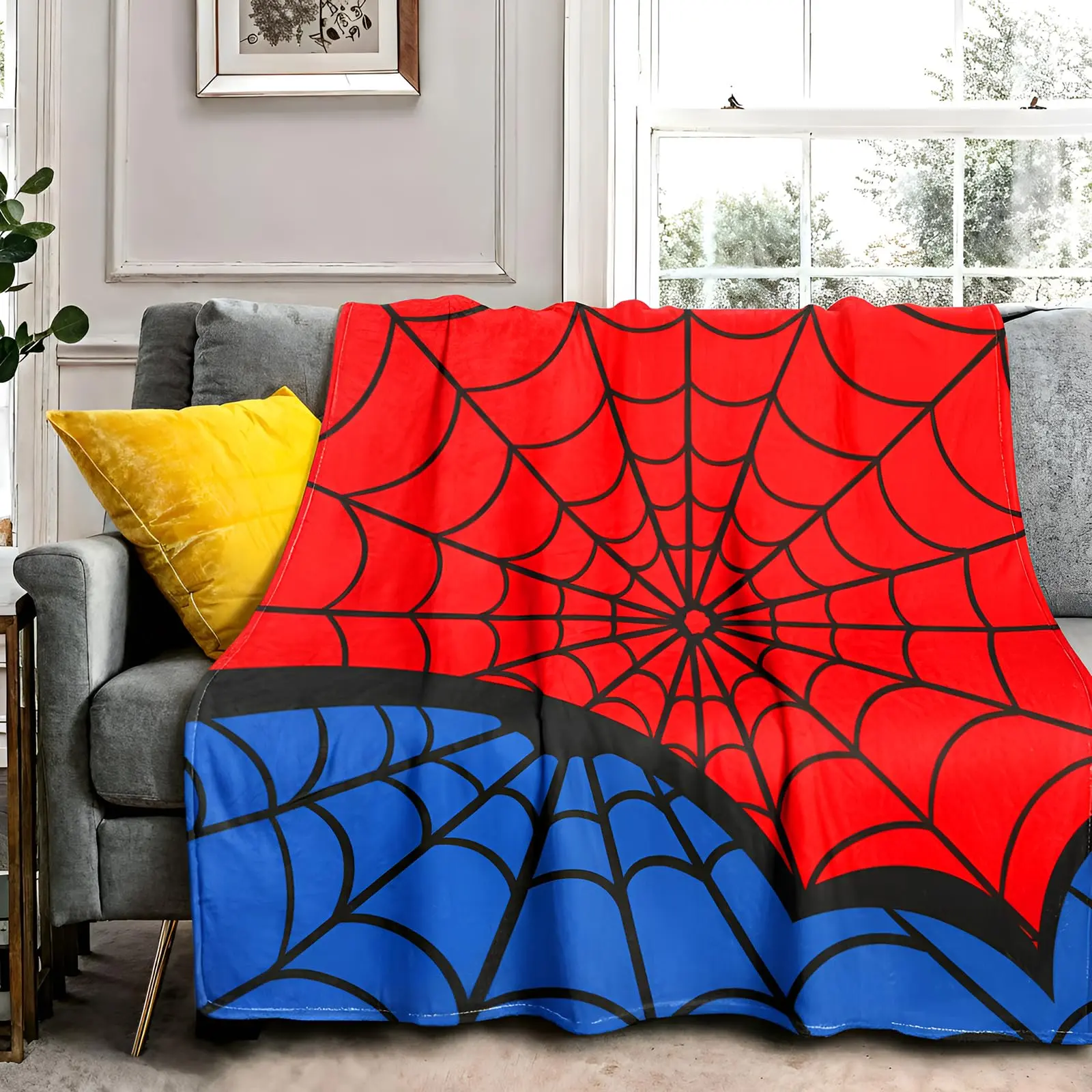 1pc Spider pattern blanket, red and blue plush spider web blanket, sofa bed blanket decoration, soft plush, birthday gift, suitable for adults, Christmas gift, casual everyday blanket, Cozy Throw Blanket, bed blanket, throw blanket