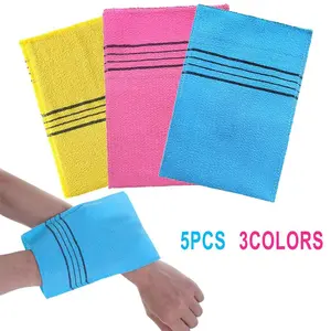 5pcs Korean exfoliating gloves for deep cleansing and body scrubbing. Coarse grain texture, ideal for adults. Portable wash cloth set for smooth, healthy skin