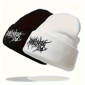 LITTLE ROOM~2pcs Soft Embroidered Beanie, Stylish Gothic Knit - Warm, Fashionable Street Ski Cap For Men And Women - Casual Winter Accessory