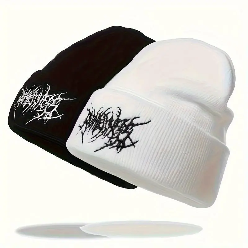 LITTLE ROOM~2pcs Soft Embroidered Beanie, Stylish Gothic Knit - Warm, Fashionable Street Ski Cap For Men And Women - Casual Winter Accessory